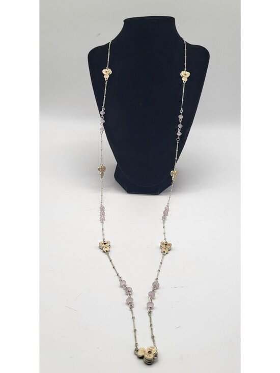 Jewelry - Pretty Pink Bead Cream Enamel Flower Long Necklace Silver Tone